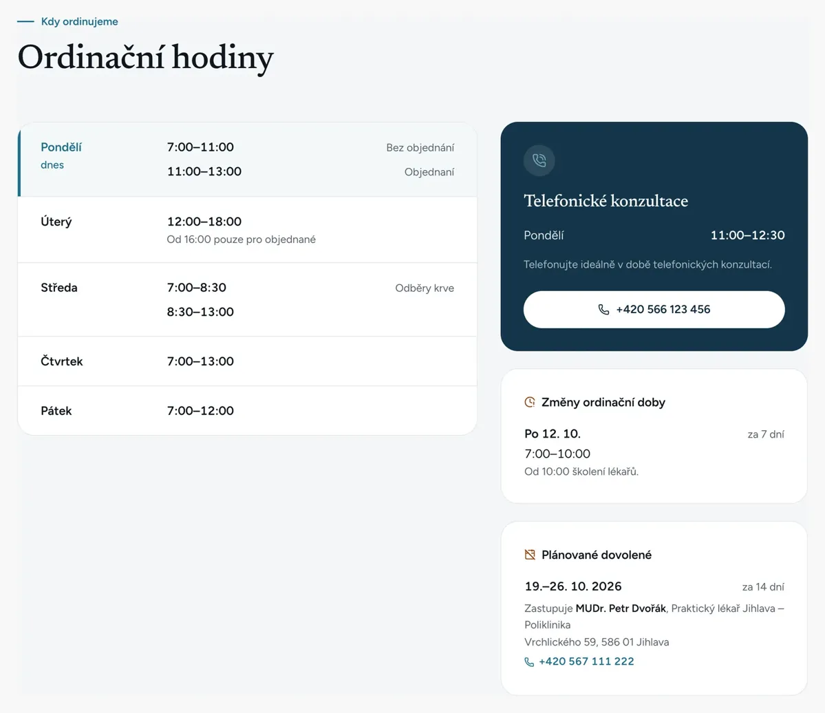 Sekce Ordinační hodiny: dnešní den zvýrazněný, telefonické konzultace, změna ordinační doby a plánovaná dovolená