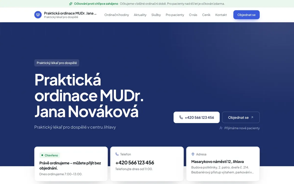 Web v motivu Moderní s lištou „Očkování proti chřipce zahájeno“ nahoře