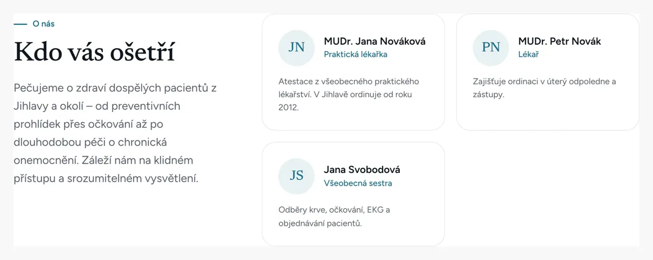 Sekce Kdo vás ošetří: lékařka, lékař a sestra s krátkým představením