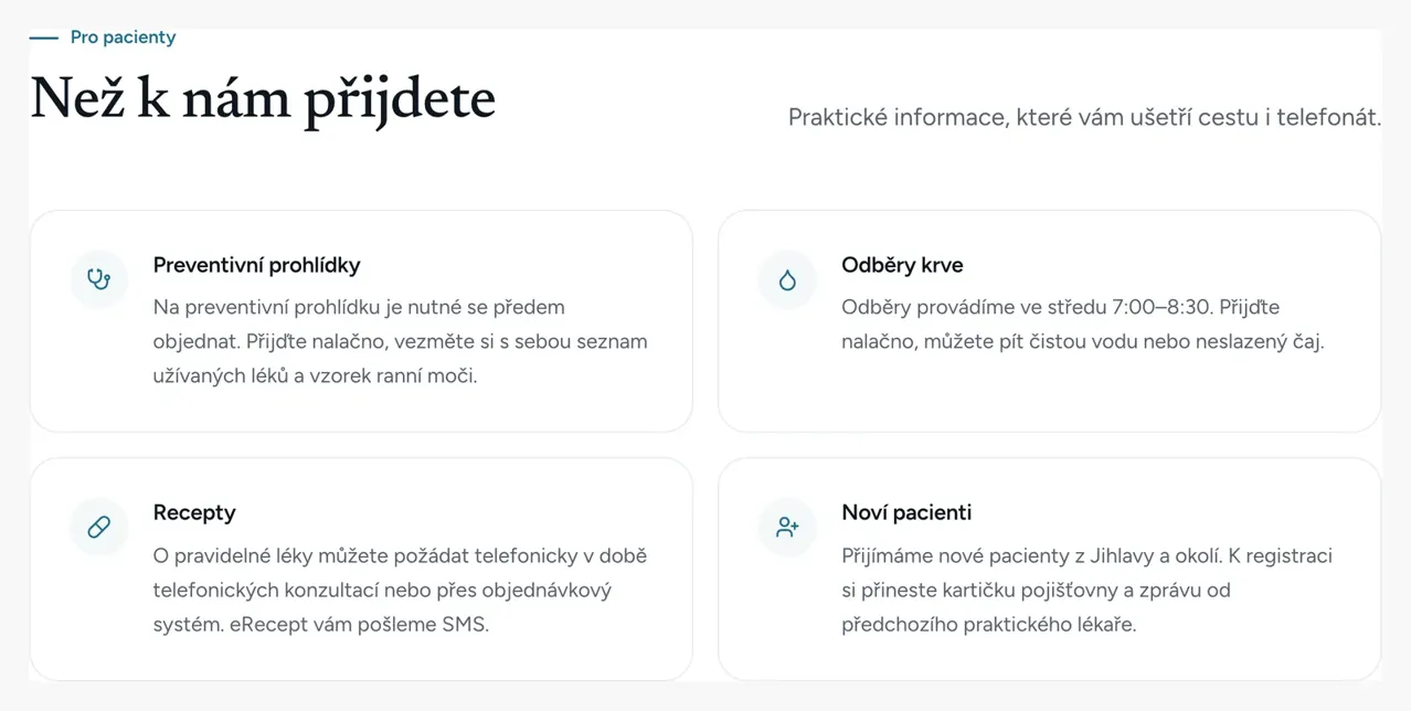 Sekce Než k nám přijdete: preventivní prohlídky, odběry krve, recepty, noví pacienti